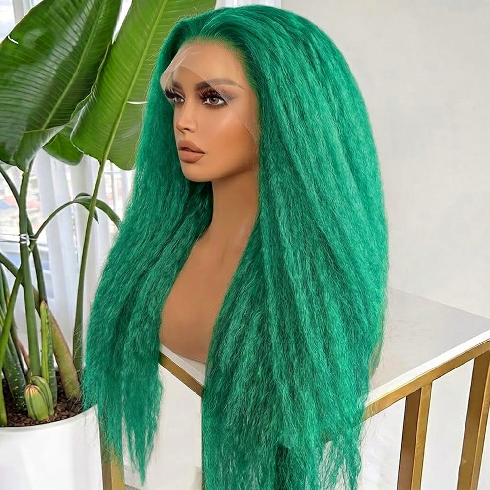 Coarse Yaki HD Lace Super Natural Lace Frontal Human Hair Wigs Dark Emerald Green LINKTOWIG