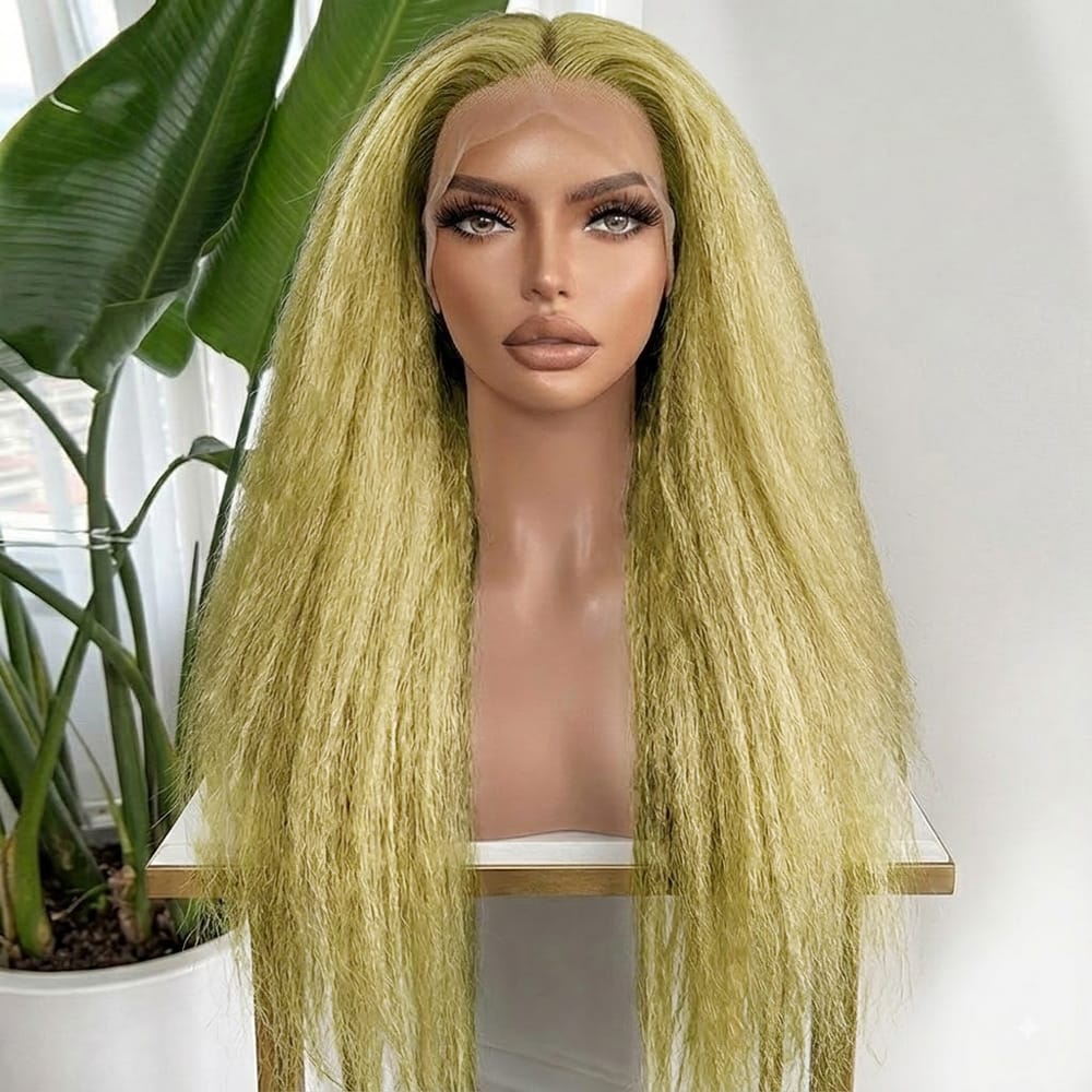 Coarse Yaki HD Lace Super Natural Lace Frontal Human Hair Wigs Olive Green Blonde LINKTOWIG