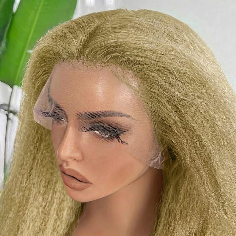 Coarse Yaki HD Lace Super Natural Lace Frontal Human Hair Wigs Olive Green Blonde LINKTOWIG