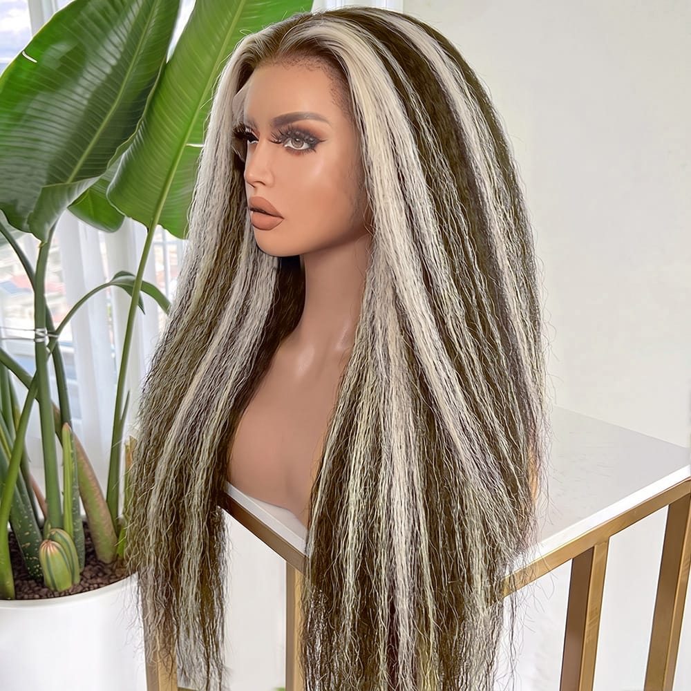 Coarse Yaki HD Lace Super Natural Lace Frontal Human Hair Wigs Piano Highlight Silver Grey LINKTOWIG