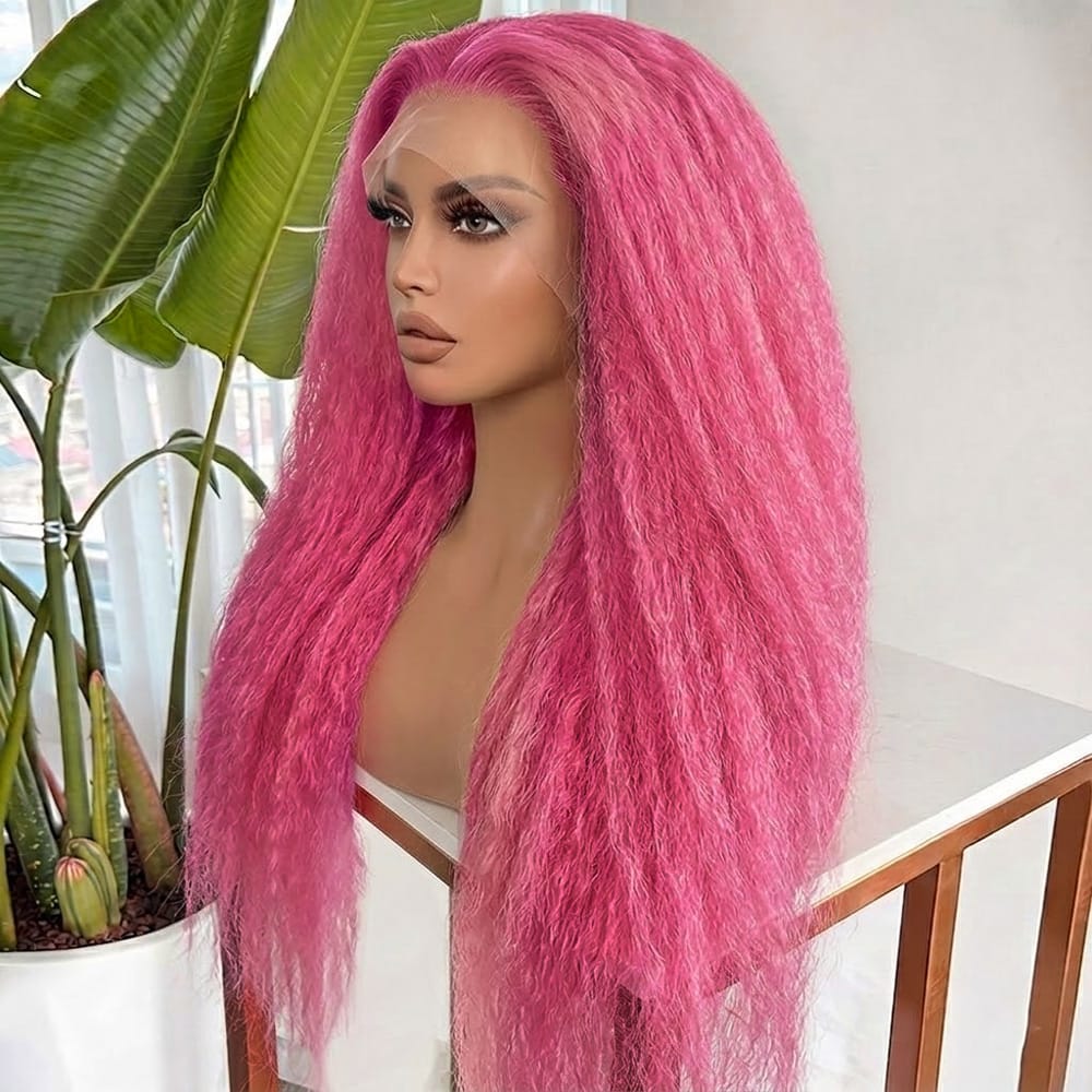 Coarse Yaki HD Lace Super Natural Lace Frontal Human Hair Wigs pink LINKTOWIG