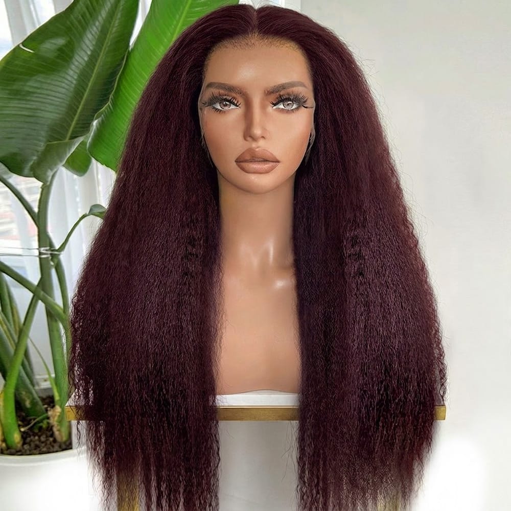 Coarse Yaki HD Lace Super Natural Lace Frontal Human Hair Wigs Plum Red LINKTOWIG