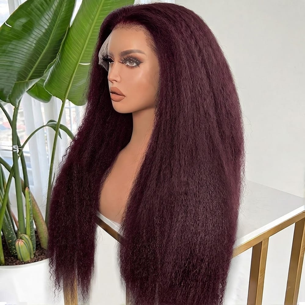 Coarse Yaki HD Lace Super Natural Lace Frontal Human Hair Wigs Plum Red LINKTOWIG