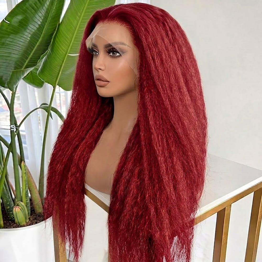 Coarse Yaki HD Lace Super Natural Lace Frontal Human Hair Wigs Ruby Red LINKTOWIG