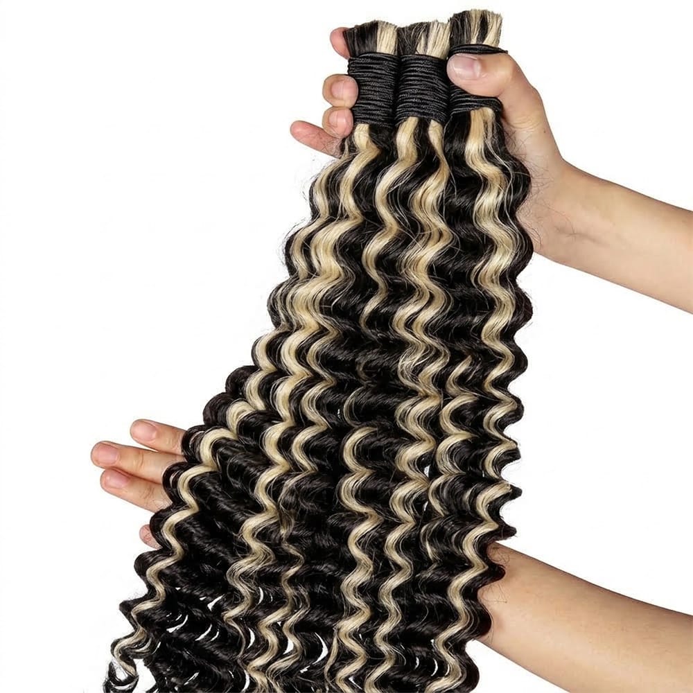Deep Wave 100% Raw Virgin Human Hair Bundles - (No Weft) Bulk Hair 3 Bundles / Black and grey blended highlights LINKTOWIG