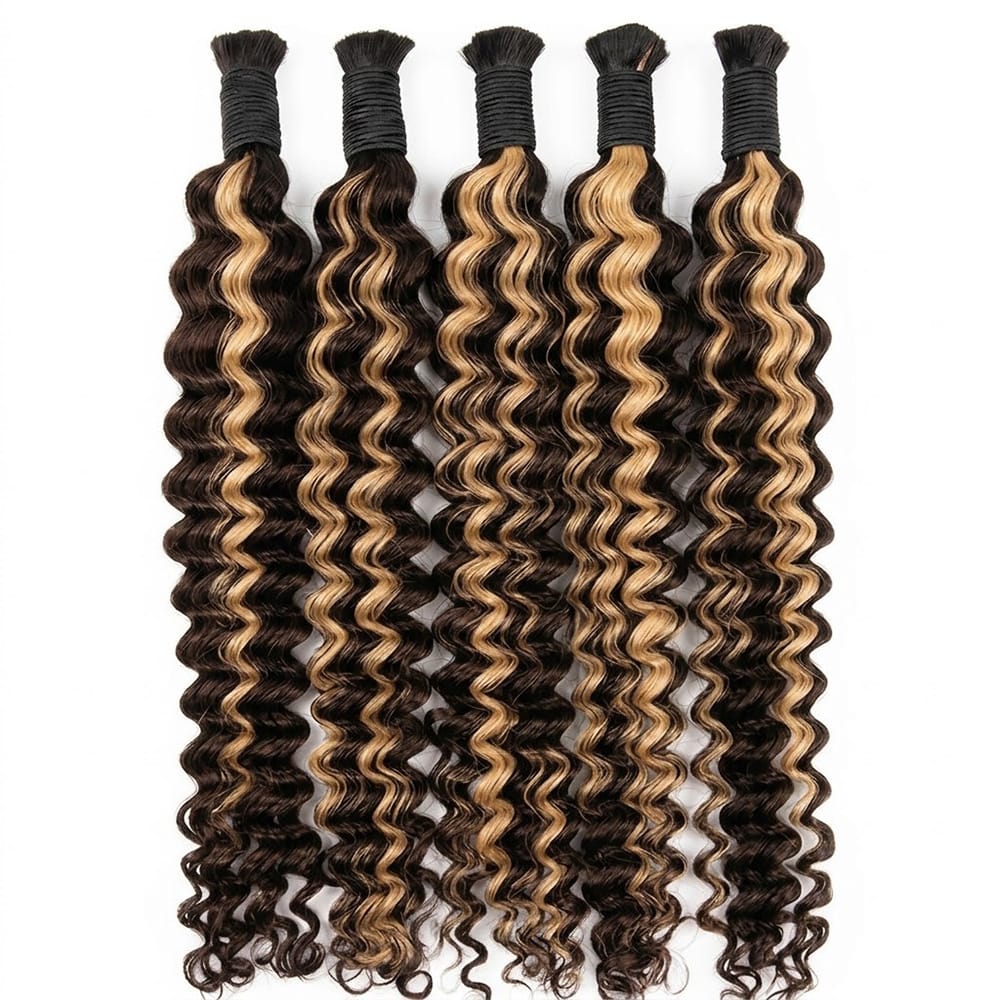 Deep Wave 100% Raw Virgin Human Hair Bundles - (No Weft) Bulk Hair / Honey Blonde Highlights LINKTOWIG