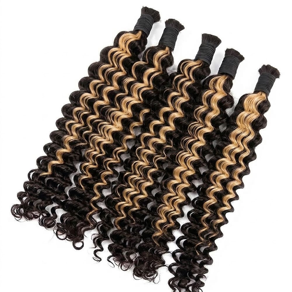 Deep Wave 100% Raw Virgin Human Hair Bundles - (No Weft) Bulk Hair / Honey Blonde Highlights LINKTOWIG