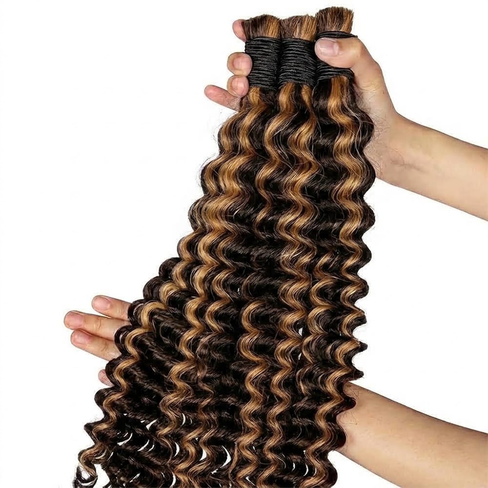 Deep Wave 100% Raw Virgin Human Hair Bundles - (No Weft) Bulk Hair / Honey Blonde Highlights LINKTOWIG