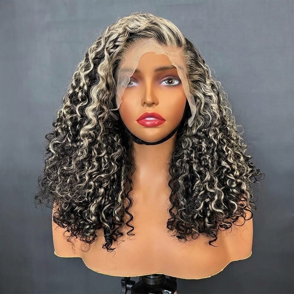 Deep Wave Bob Side Part HD Lace Front Wig 100% Virgin Human Hair / Black and grey blended highlights LINKTOWIG