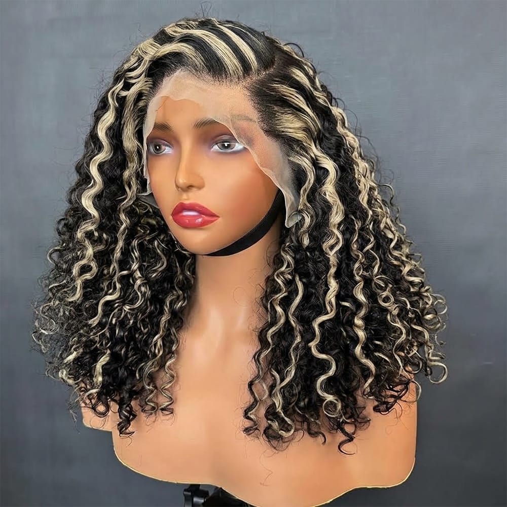 Deep Wave Bob Side Part HD Lace Front Wig 100% Virgin Human Hair / Black and grey blended highlights LINKTOWIG