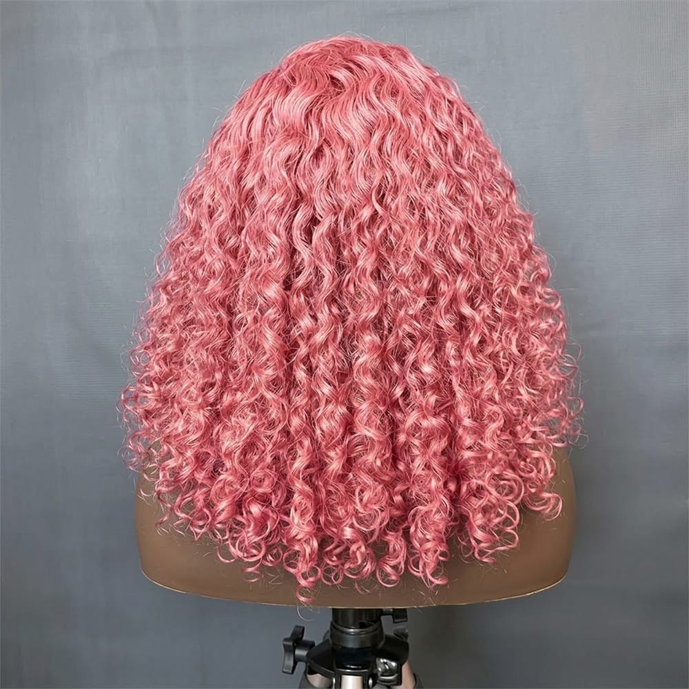 Deep Wave Bob Side Part HD Lace Front Wig 100% Virgin Human Hair / pink LINKTOWIG