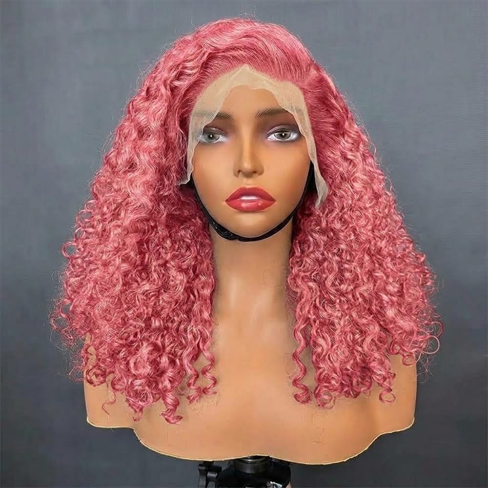 Deep Wave Bob Side Part HD Lace Front Wig 100% Virgin Human Hair / pink LINKTOWIG