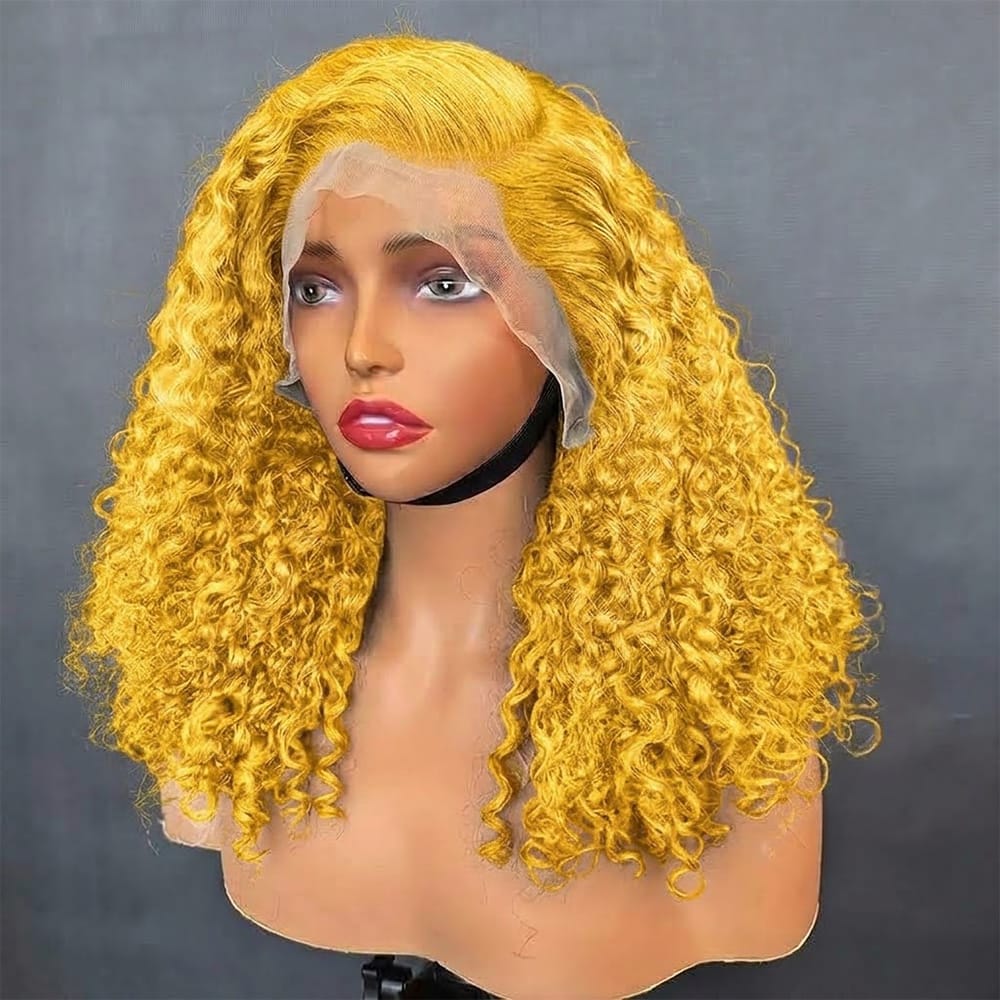 Deep Wave Bob Side Part HD Lace Front Wig 100% Virgin Human Hair / Yellow LINKTOWIG