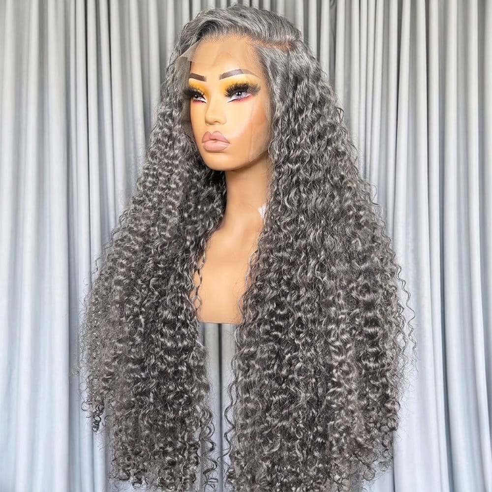 Deep Wave HD Lace Super Natural Lace Frontal Human Hair Wigs Charcoal Grey LINKTOWIG