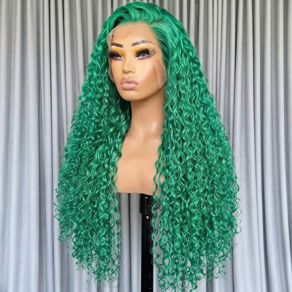 Deep Wave HD Lace Super Natural Lace Frontal Human Hair Wigs Dark Emerald Green LINKTOWIG