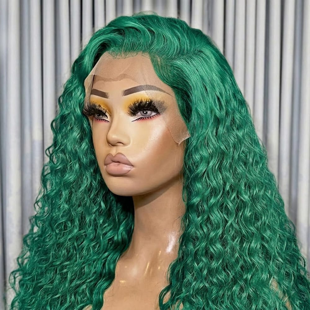 Deep Wave HD Lace Super Natural Lace Frontal Human Hair Wigs Dark Emerald Green LINKTOWIG