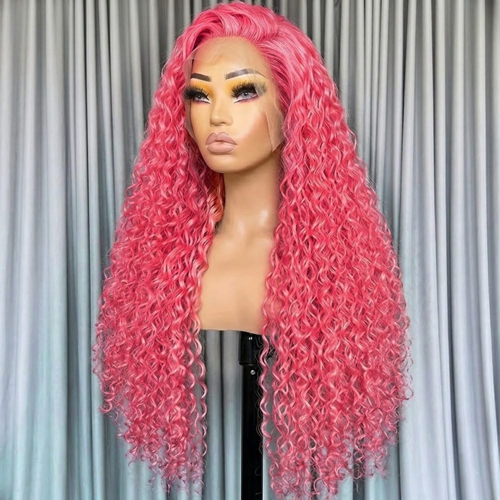 Deep Wave HD Lace Super Natural Lace Frontal Human Hair Wigs pink LINKTOWIG