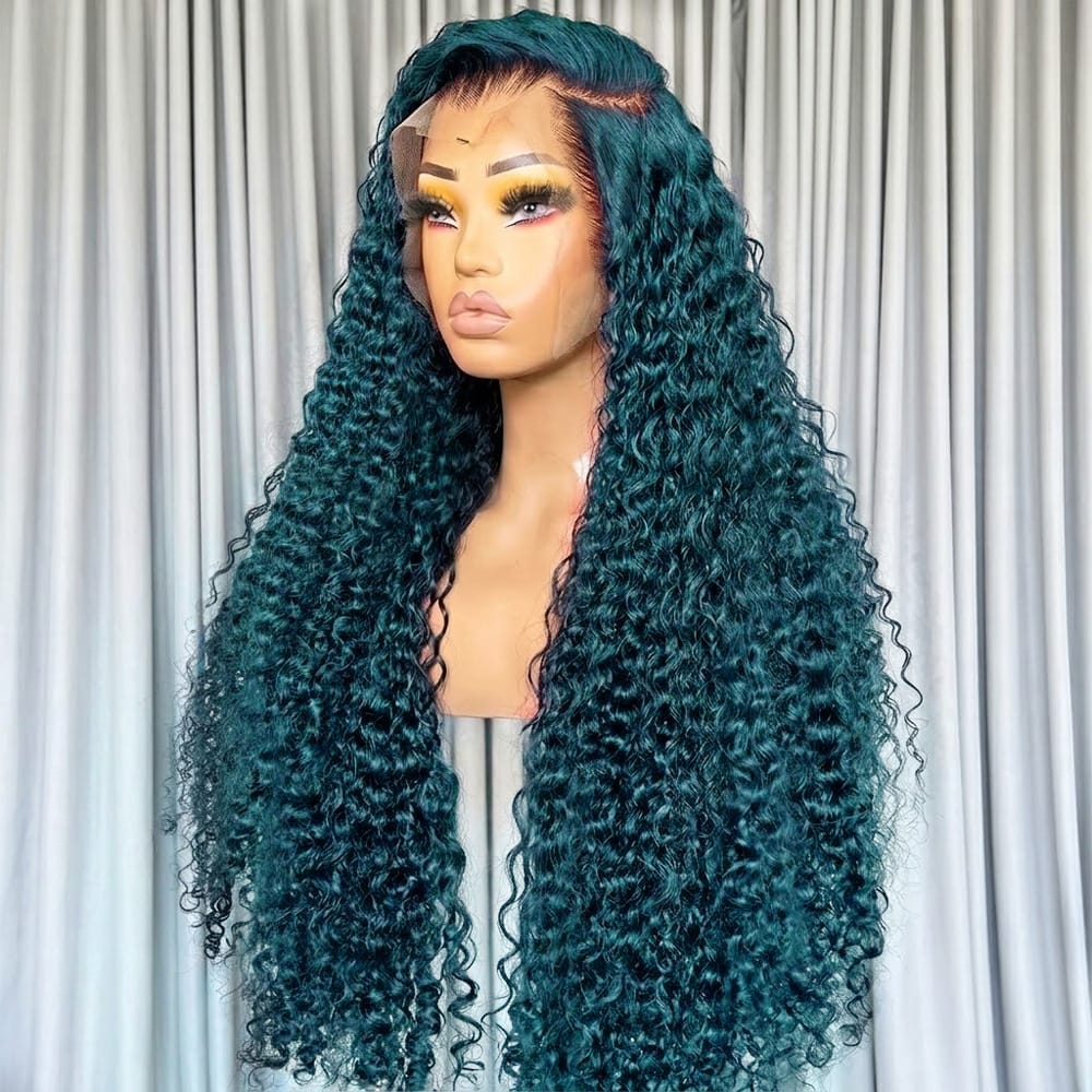 Deep Wave HD Lace Super Natural Lace Frontal Human Hair Wigs Teal Green LINKTOWIG