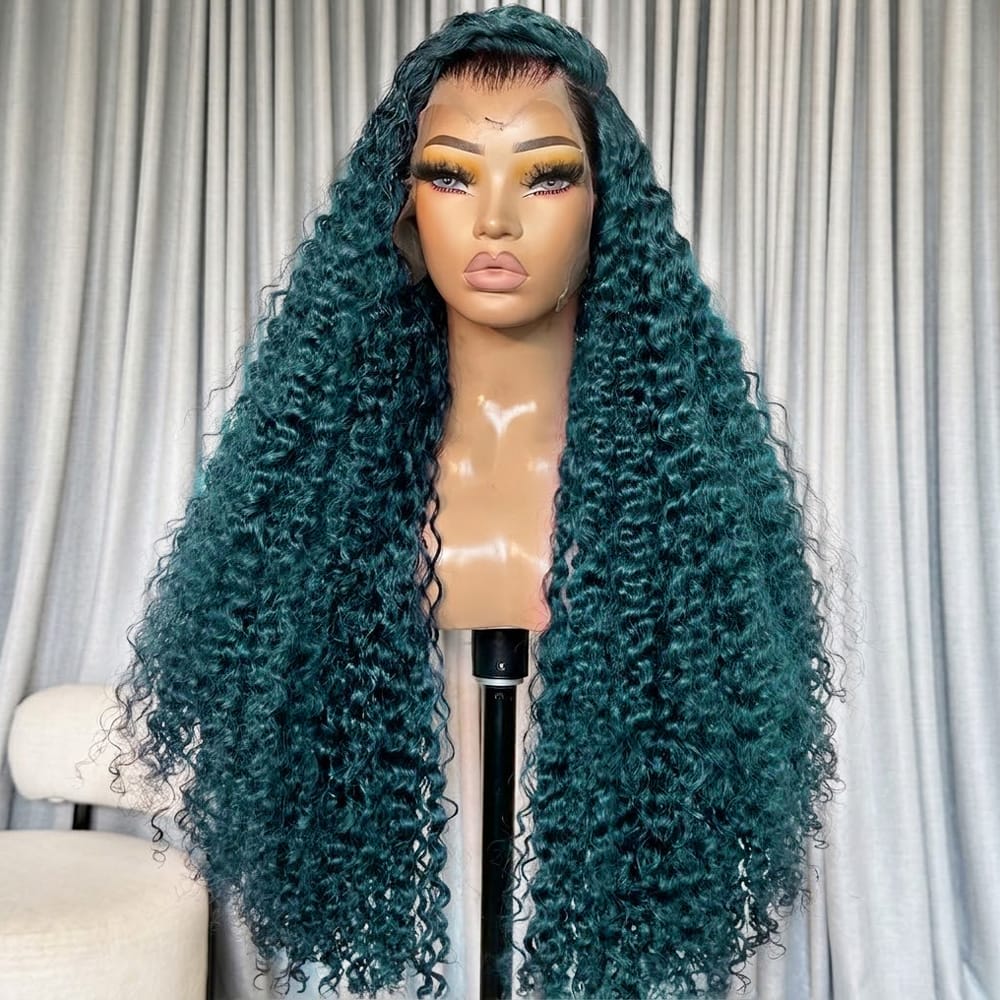 Deep Wave HD Lace Super Natural Lace Frontal Human Hair Wigs Teal Green LINKTOWIG