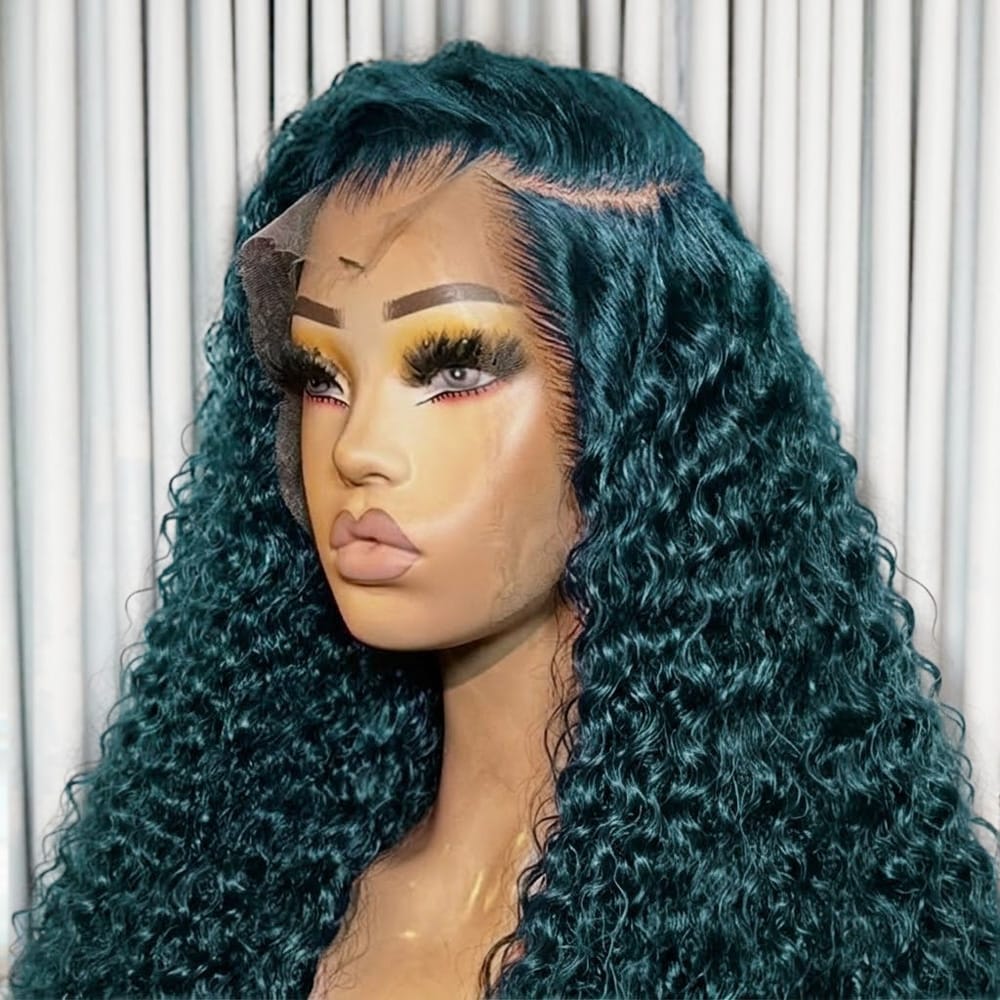 Deep Wave HD Lace Super Natural Lace Frontal Human Hair Wigs Teal Green LINKTOWIG
