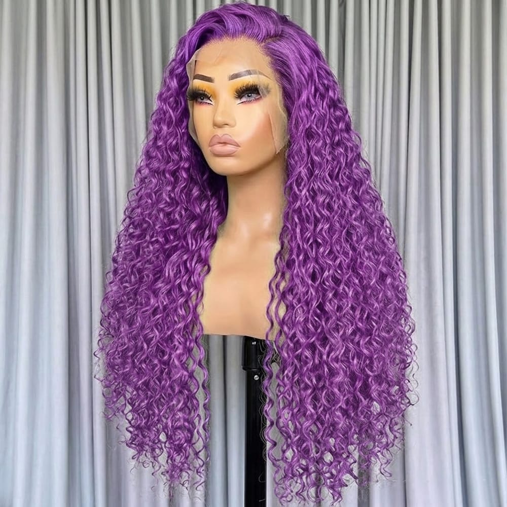 Deep Wave HD Lace Super Natural Lace Frontal Human Hair Wigs Violet Purple LINKTOWIG
