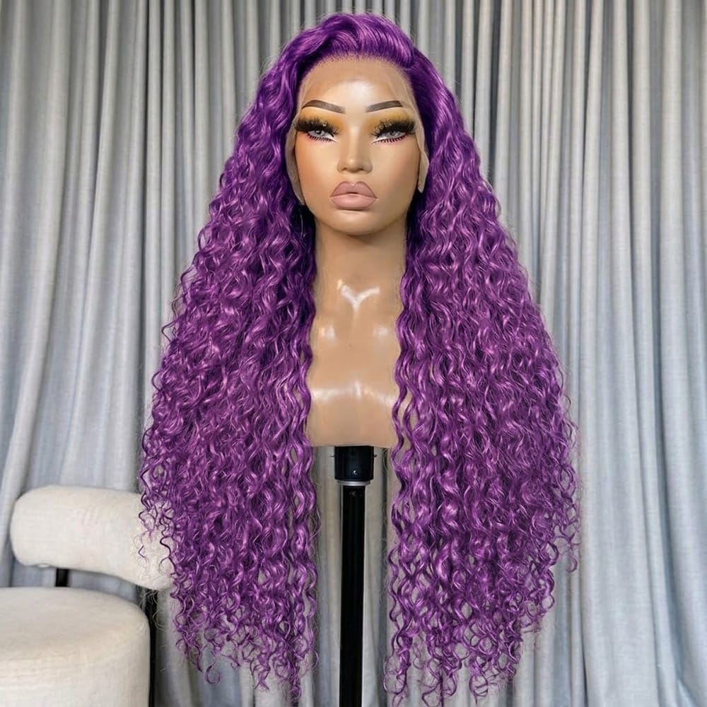 Deep Wave HD Lace Super Natural Lace Frontal Human Hair Wigs Violet Purple LINKTOWIG
