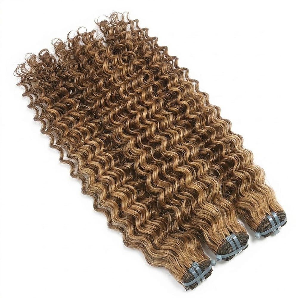 Deep Wave Luxury Natural Hair Weft – 100% Virgin Human Hair / Wig Honey Blonde Highlights LINKTOWIG