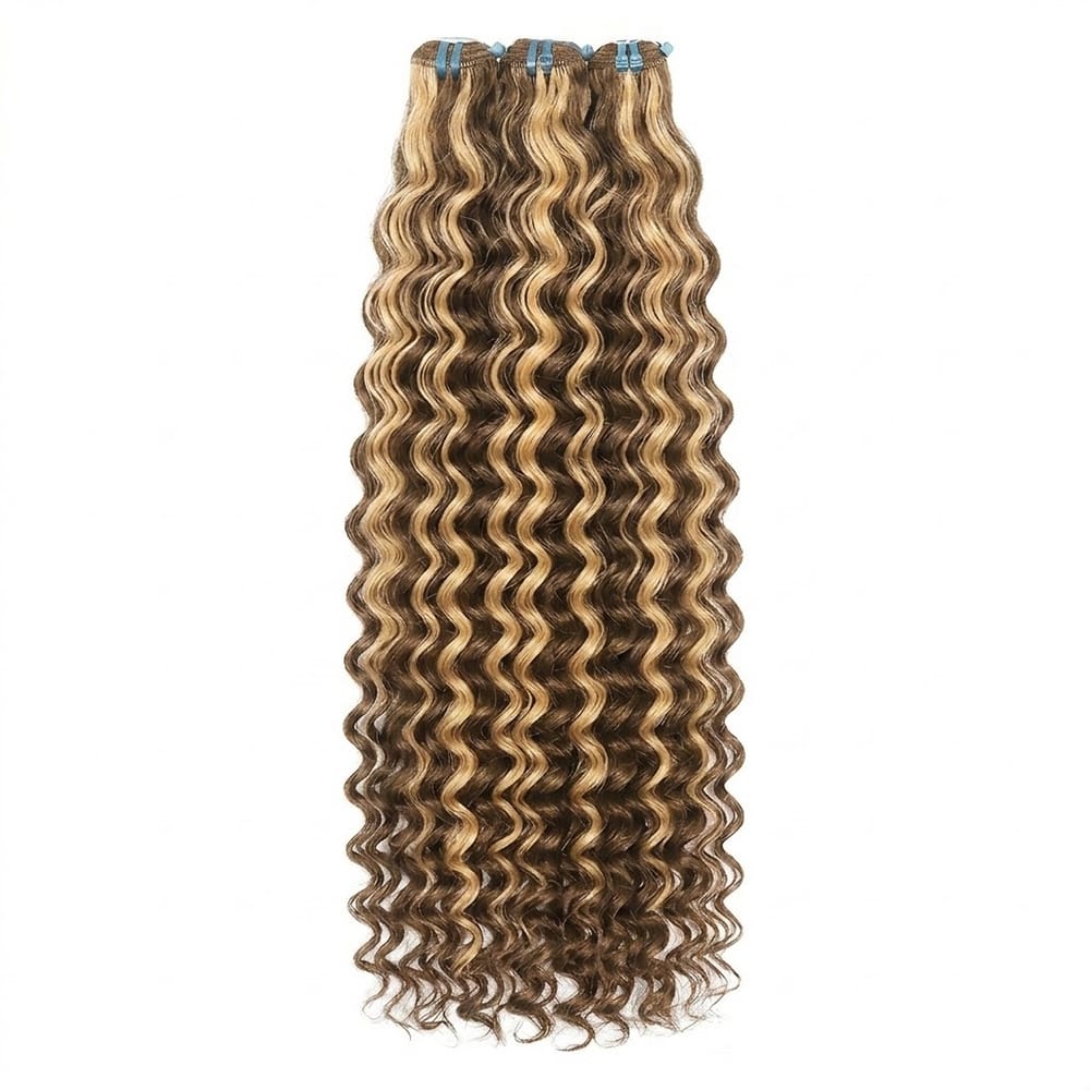 Deep Wave Luxury Natural Hair Weft – 100% Virgin Human Hair / Wig Honey Blonde Highlights LINKTOWIG
