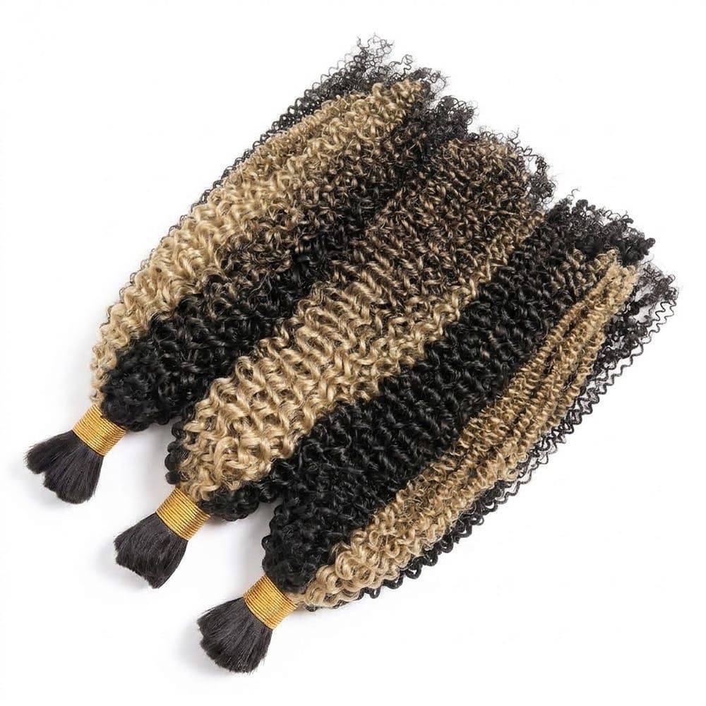 Kinky Curly 100% Raw Virgin Human Hair Bundles - (No Weft) Bulk Hair 3 Bundles / Black and grey blended highlights LINKTOWIG