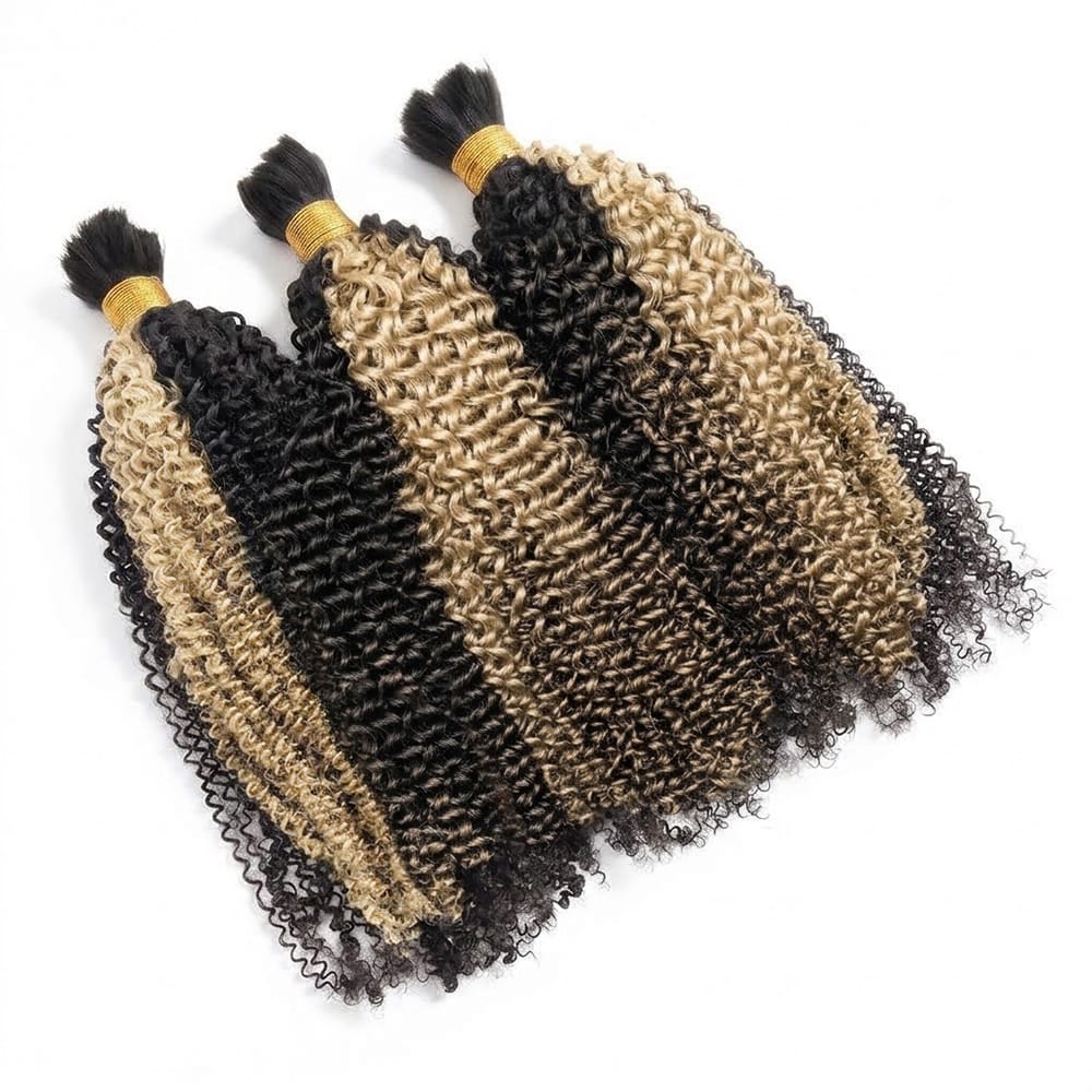 Kinky Curly 100% Raw Virgin Human Hair Bundles - (No Weft) Bulk Hair 3 Bundles / Black and grey blended highlights LINKTOWIG
