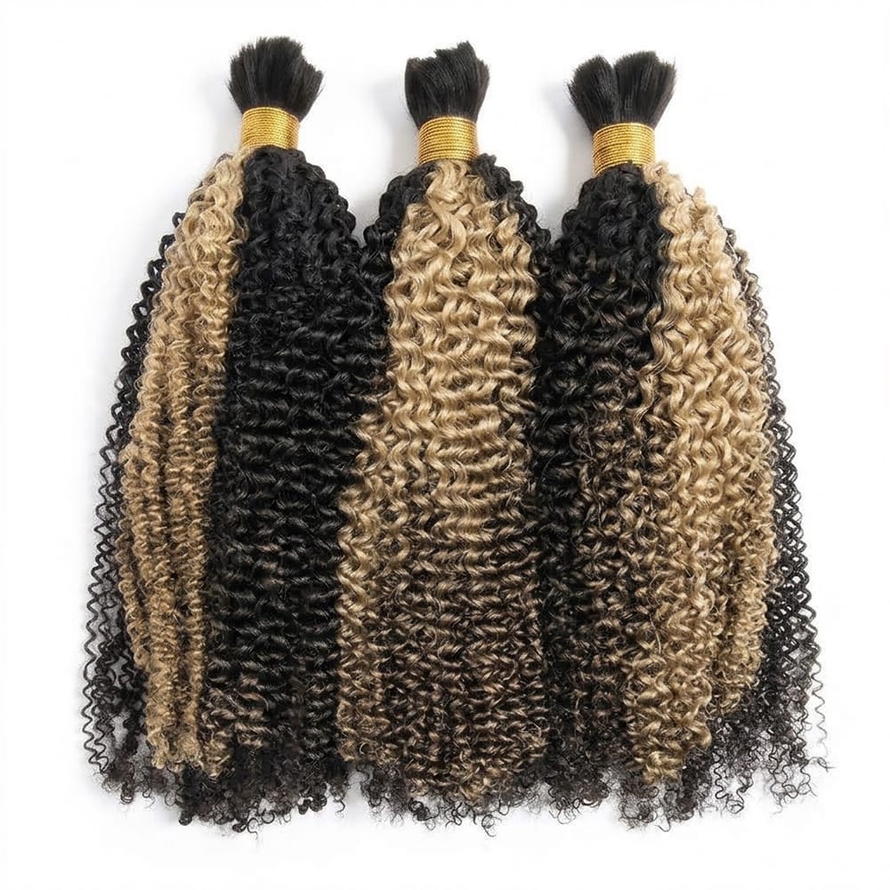 Kinky Curly 100% Raw Virgin Human Hair Bundles - (No Weft) Bulk Hair 3 Bundles / Black and grey blended highlights LINKTOWIG