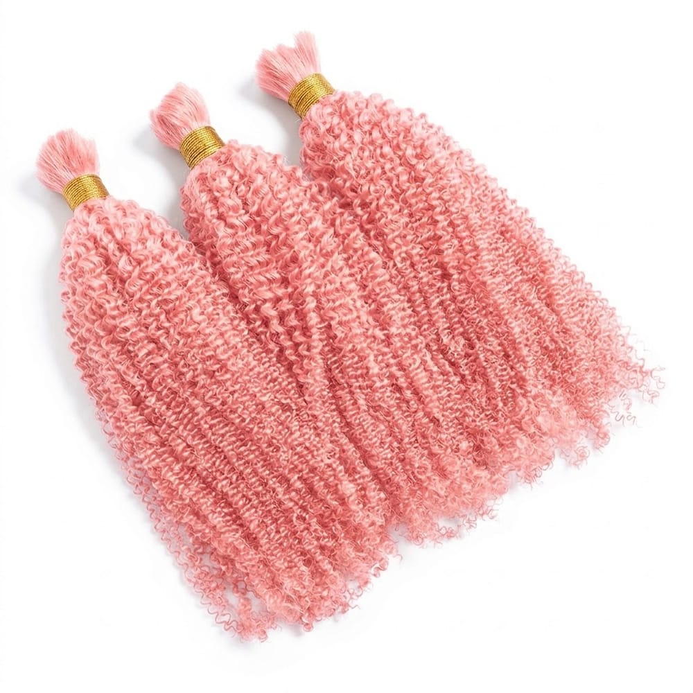 Kinky Curly 100% Raw Virgin Human Hair Bundles - (No Weft) Bulk Hair 3 Bundles / Bubblegum Pink LINKTOWIG