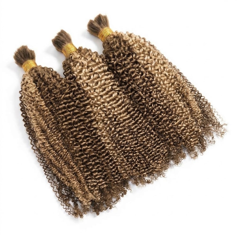 Kinky Curly 100% Raw Virgin Human Hair Bundles - (No Weft) Bulk Hair 3 Bundles / Honey Blonde Highlights LINKTOWIG