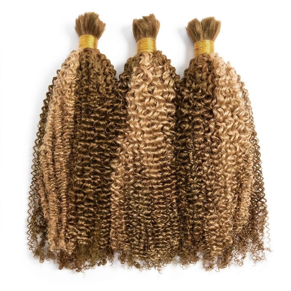 Kinky Curly 100% Raw Virgin Human Hair Bundles - (No Weft) Bulk Hair 3 Bundles / Honey Brown LINKTOWIG