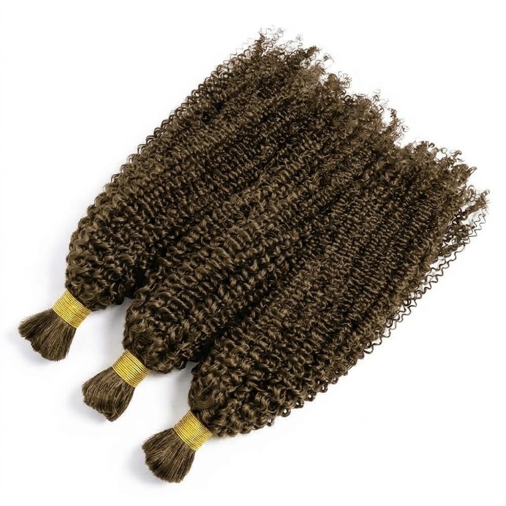 Kinky Curly 100% Raw Virgin Human Hair Bundles - (No Weft) Bulk Hair 3 Bundles / Medium Chestnut Brown LINKTOWIG