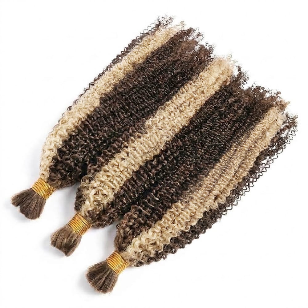 Kinky Curly 100% Raw Virgin Human Hair Bundles - (No Weft) Bulk Hair 3 Bundles / Piano Highlight Silver Grey LINKTOWIG