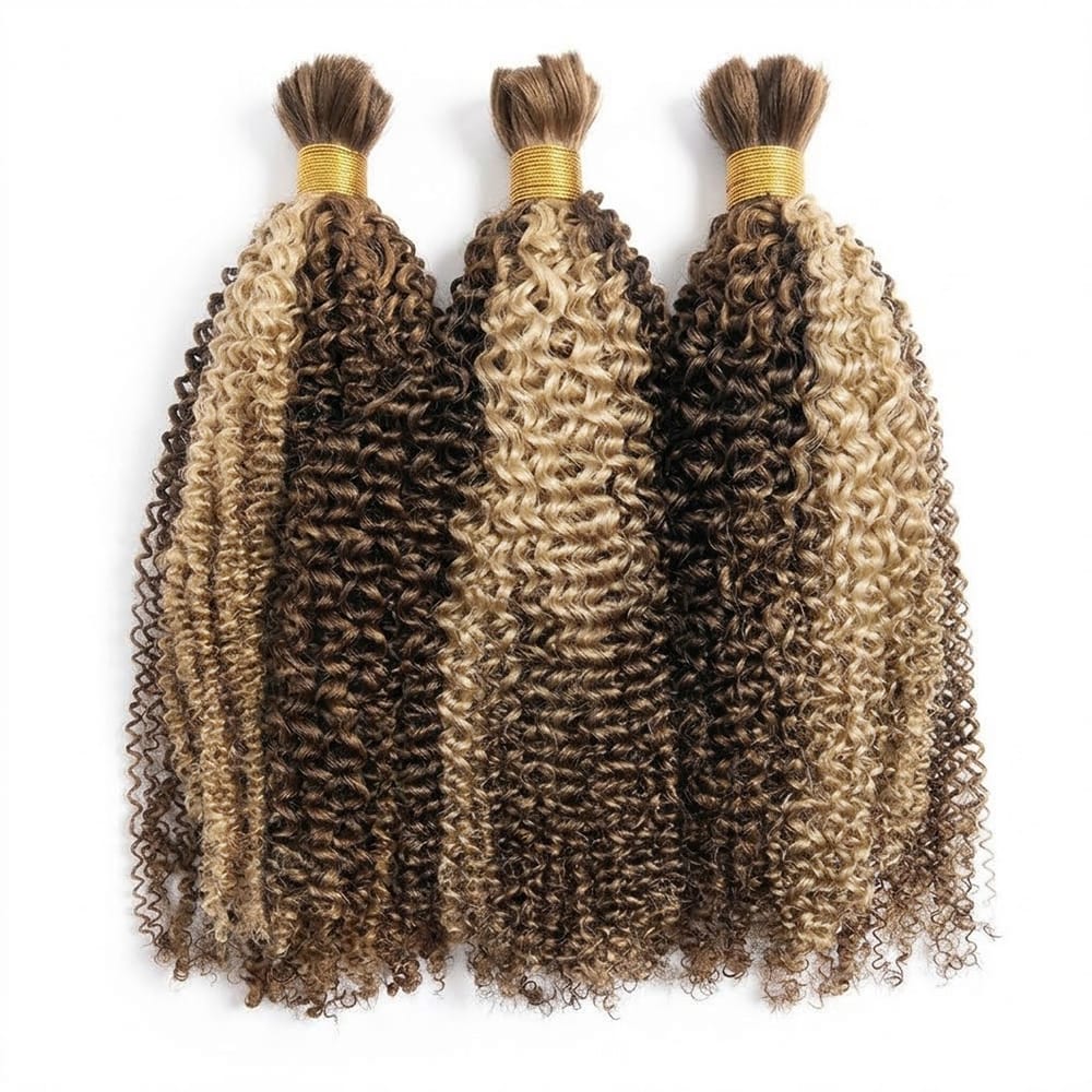 Kinky Curly 100% Raw Virgin Human Hair Bundles - (No Weft) Bulk Hair 3 Bundles / Piano Highlight Silver Grey LINKTOWIG