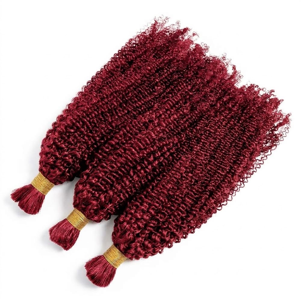 Kinky Curly 100% Raw Virgin Human Hair Bundles - (No Weft) Bulk Hair 3 Bundles / Ruby Red LINKTOWIG