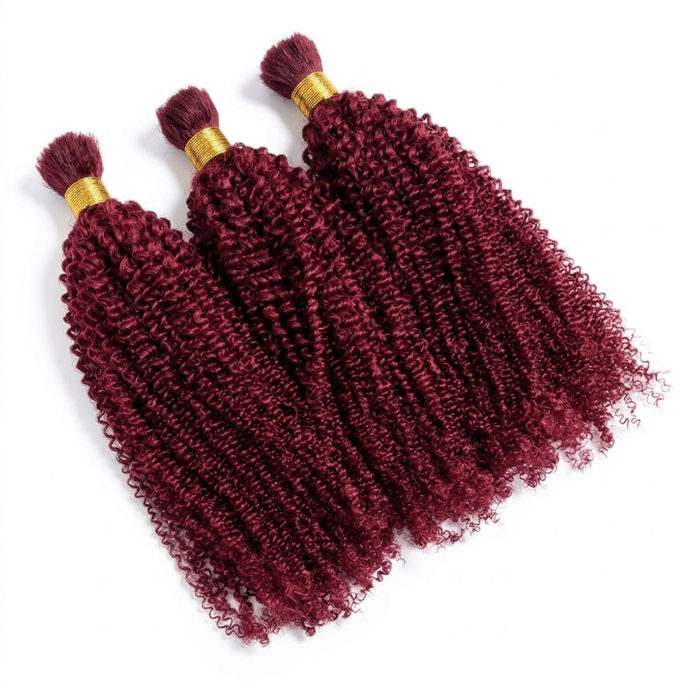 Kinky Curly 100% Raw Virgin Human Hair Bundles - (No Weft) Bulk Hair 3 Bundles / Ruby Red LINKTOWIG