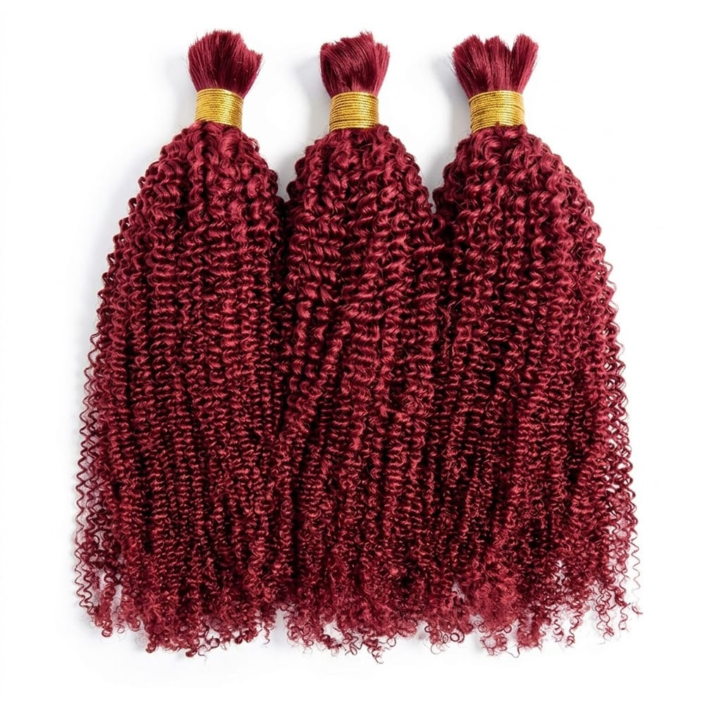 Kinky Curly 100% Raw Virgin Human Hair Bundles - (No Weft) Bulk Hair 3 Bundles / Ruby Red LINKTOWIG
