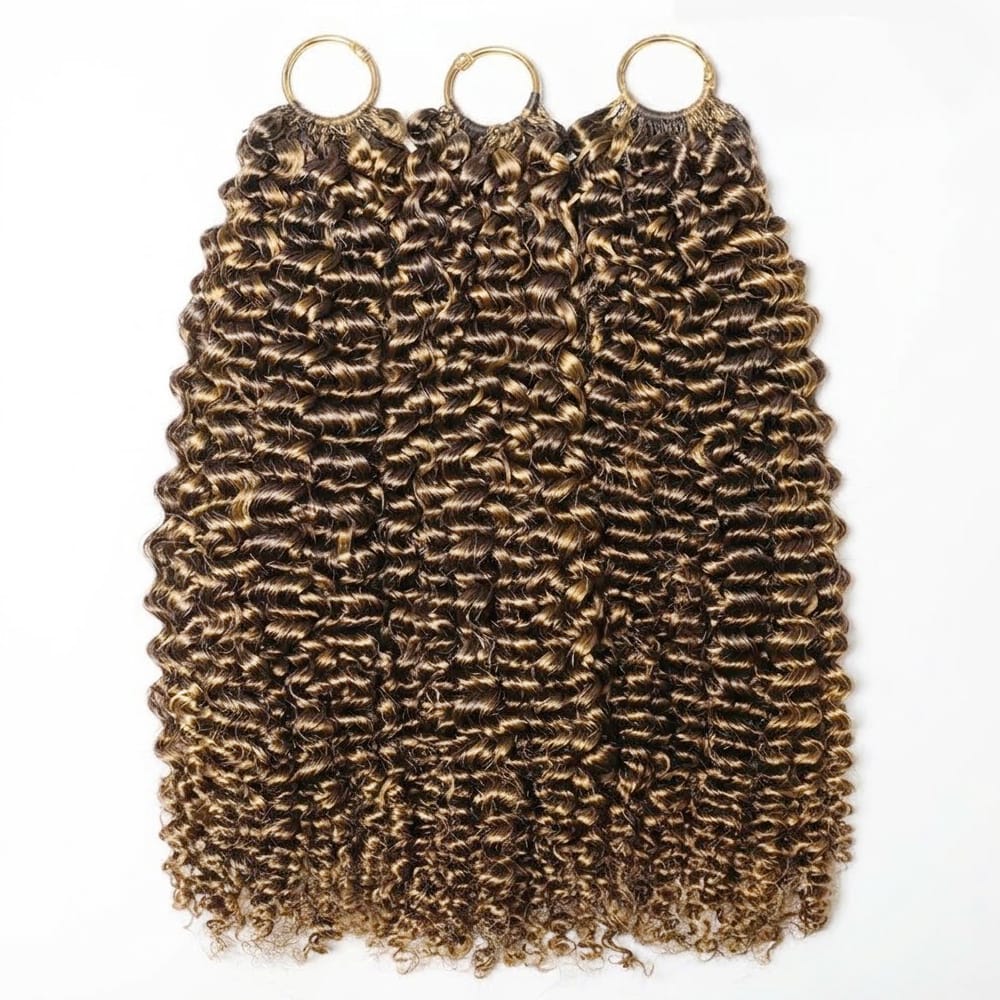 Kinky Curly Hair Bundles / Feather Hair Extensions — 100% Virgin Human Hair / Honey Brown LINKTOWIG