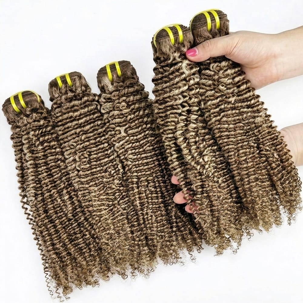 Kinky Curly Luxury Natural Hair Weft – 100% Virgin Human Hair / Wig Brown Mix Platinum Blonde Highlights LINKTOWIG