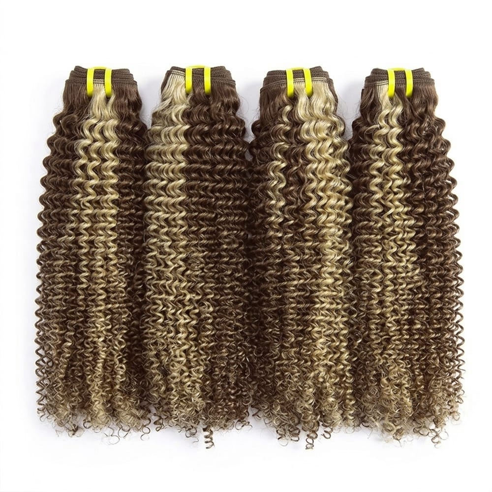 Kinky Curly Luxury Natural Hair Weft – 100% Virgin Human Hair / Wig Brown Mix Platinum Blonde Highlights LINKTOWIG