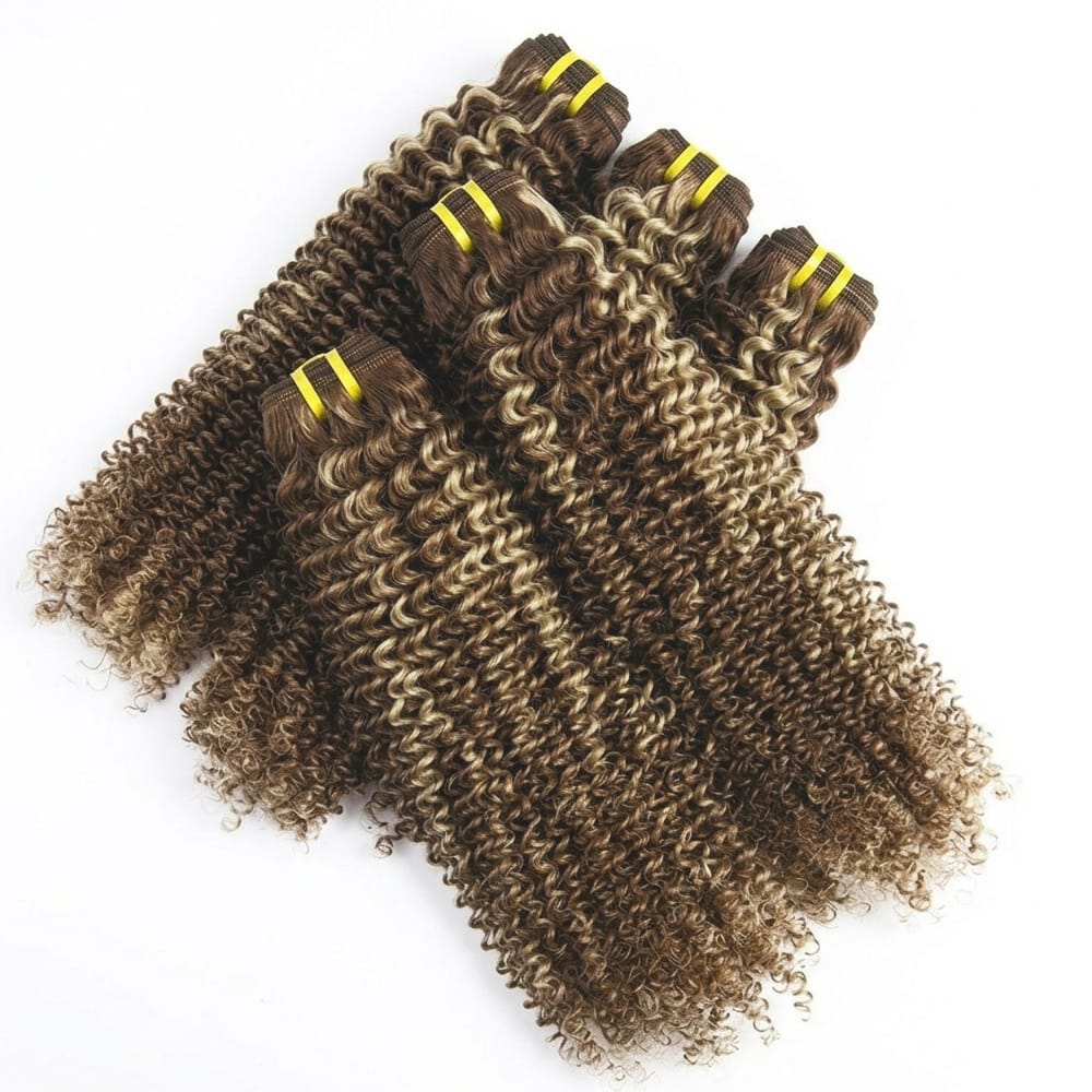 Kinky Curly Luxury Natural Hair Weft – 100% Virgin Human Hair / Wig Brown Mix Platinum Blonde Highlights LINKTOWIG