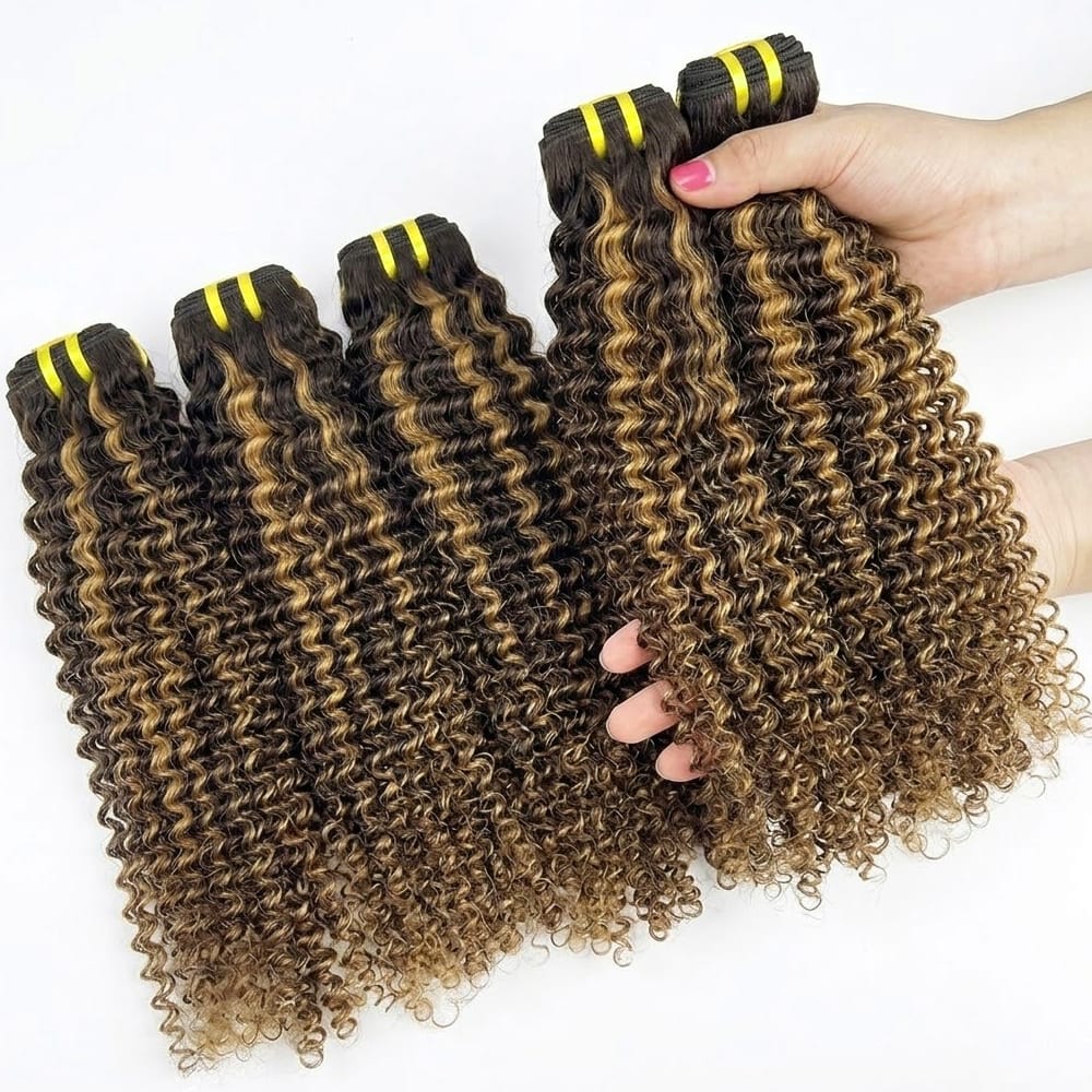 Kinky Curly Luxury Natural Hair Weft – 100% Virgin Human Hair / Wig Honey Blonde Highlights LINKTOWIG