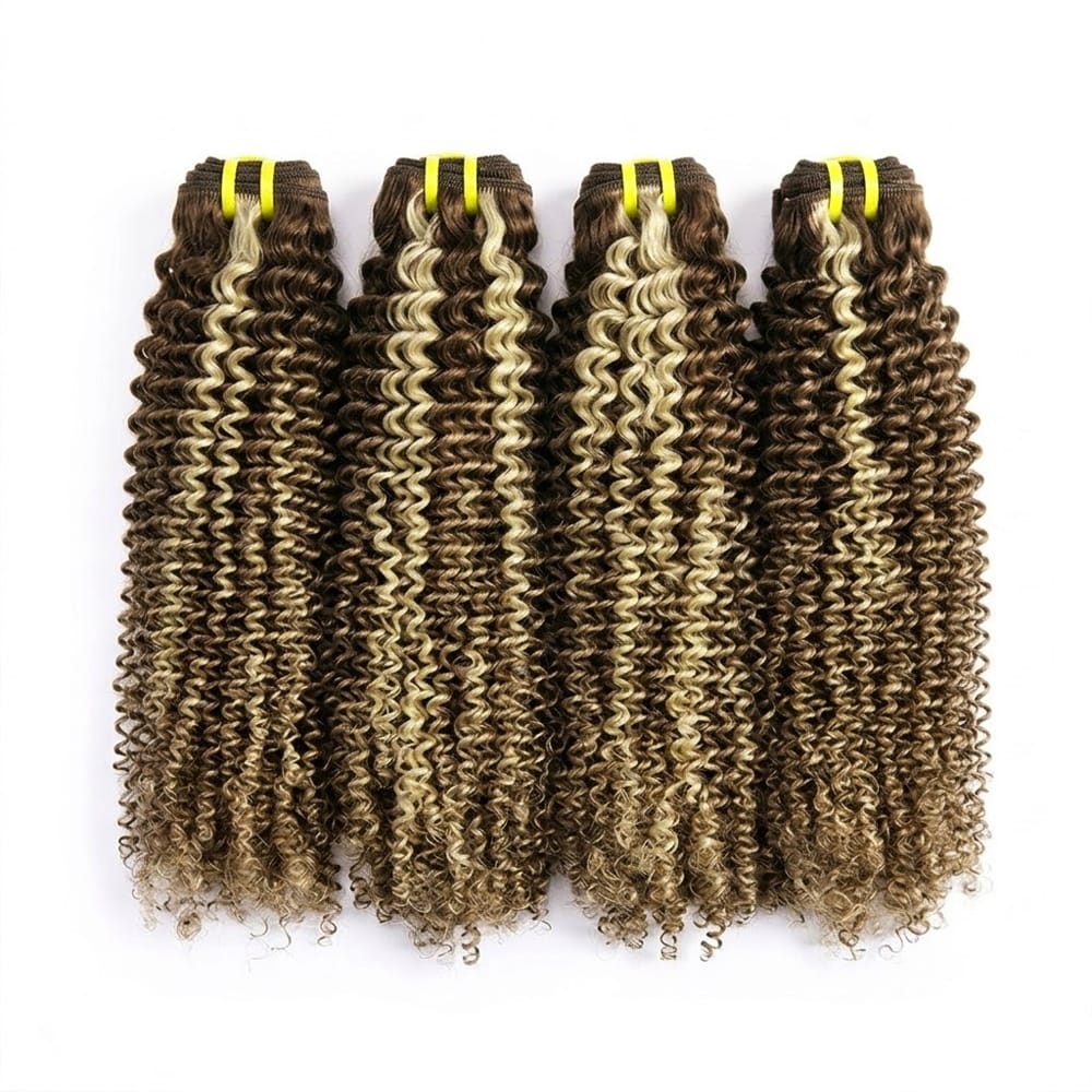 Kinky Curly Luxury Natural Hair Weft – 100% Virgin Human Hair / Wig Honey Blonde Highlights LINKTOWIG