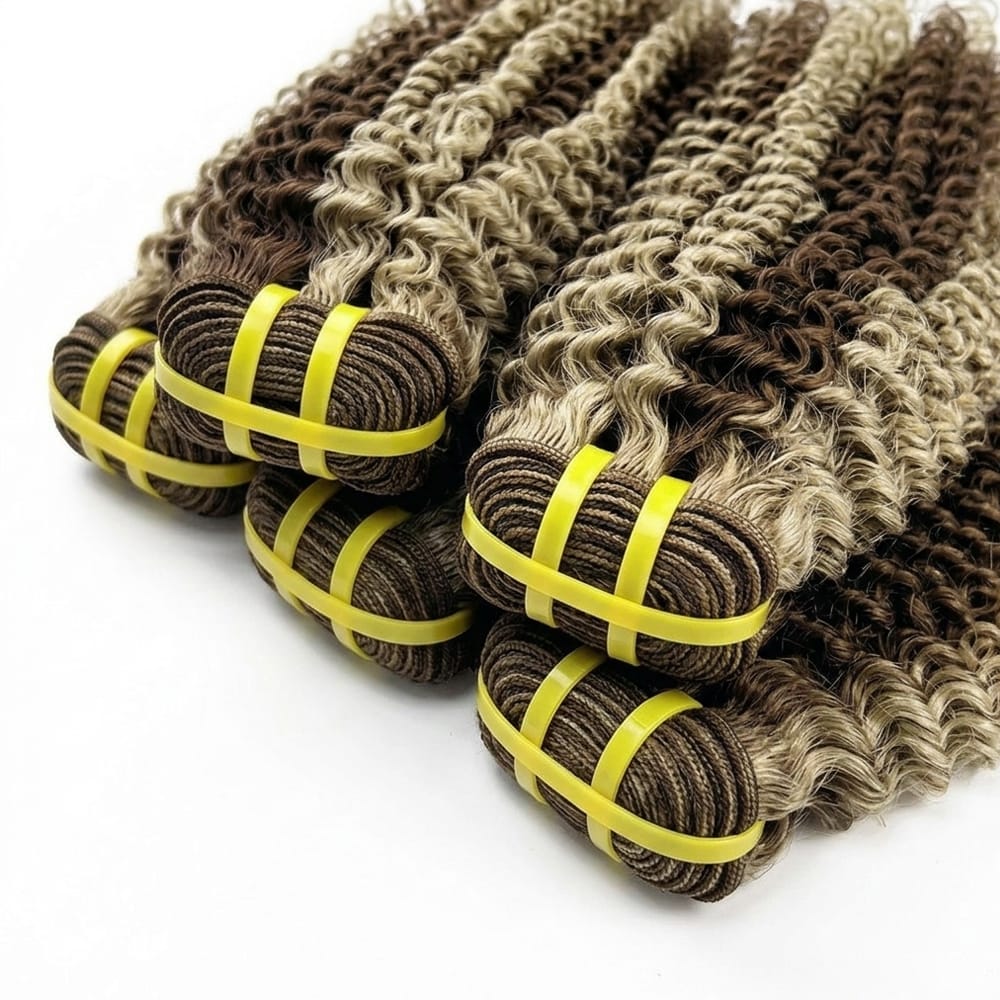 Kinky Curly Luxury Natural Hair Weft – 100% Virgin Human Hair / Wig Honey Blonde Highlights LINKTOWIG