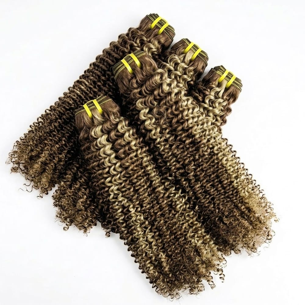 Kinky Curly Luxury Natural Hair Weft – 100% Virgin Human Hair / Wig Honey Blonde Highlights LINKTOWIG