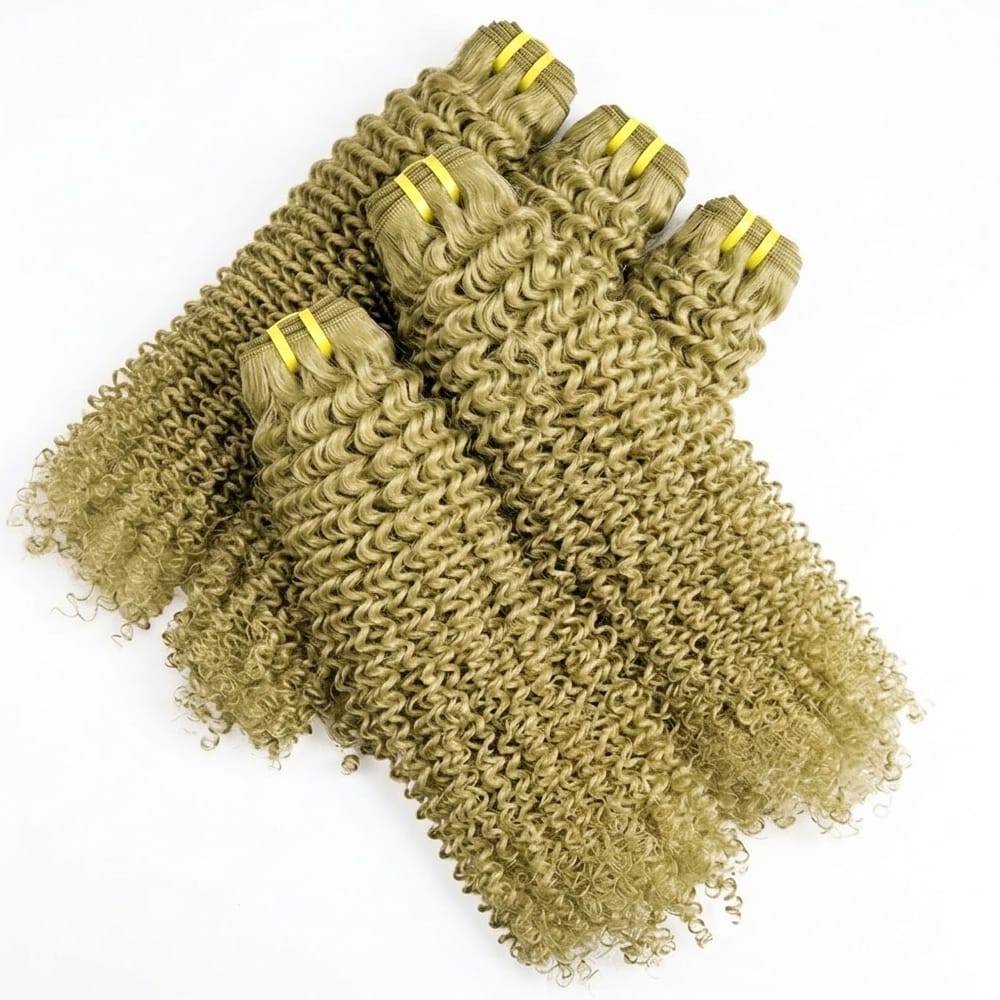 Kinky Curly Luxury Natural Hair Weft – 100% Virgin Human Hair / Wig Olive Green Blonde LINKTOWIG