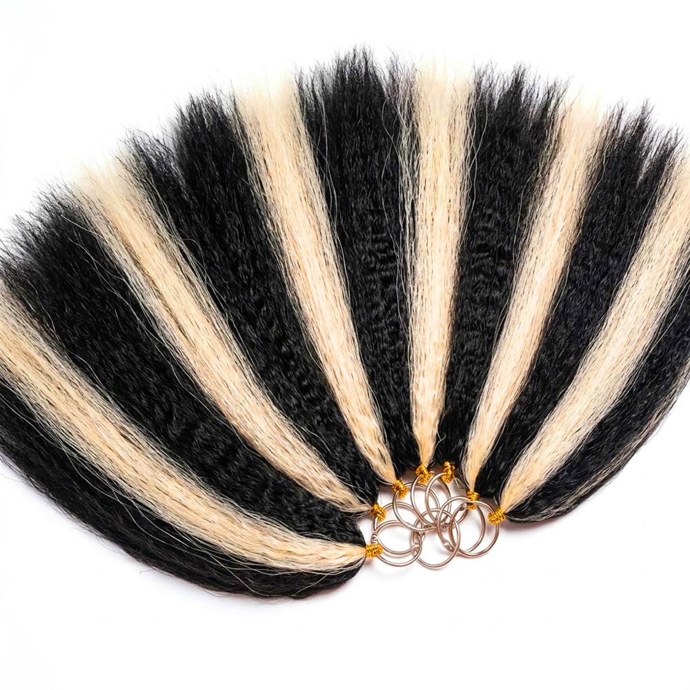 Kinky Stragiht Hair Bundles / Feather Hair Extensions — 100% Virgin Human Hair / Black and grey blended highlights LINKTOWIG